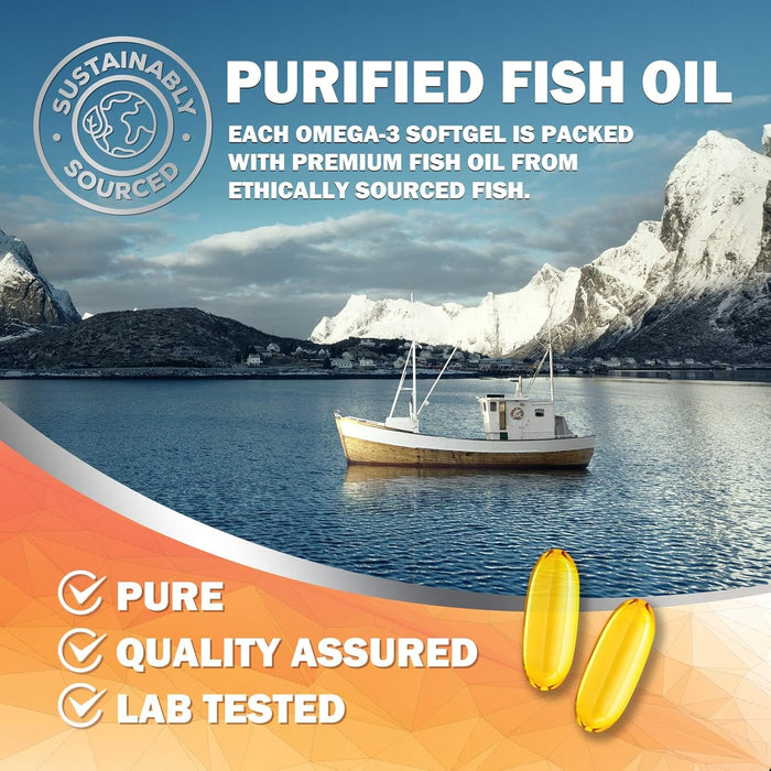 Omega 3 Fish Oil Supplement - Triple Strength Omega 3 Fish Oil Supplement with EPA & DHA - 1440 mg Omega-3 - Natural Support for Heart & Brain Health - Non-GMO, Lemon Flavor