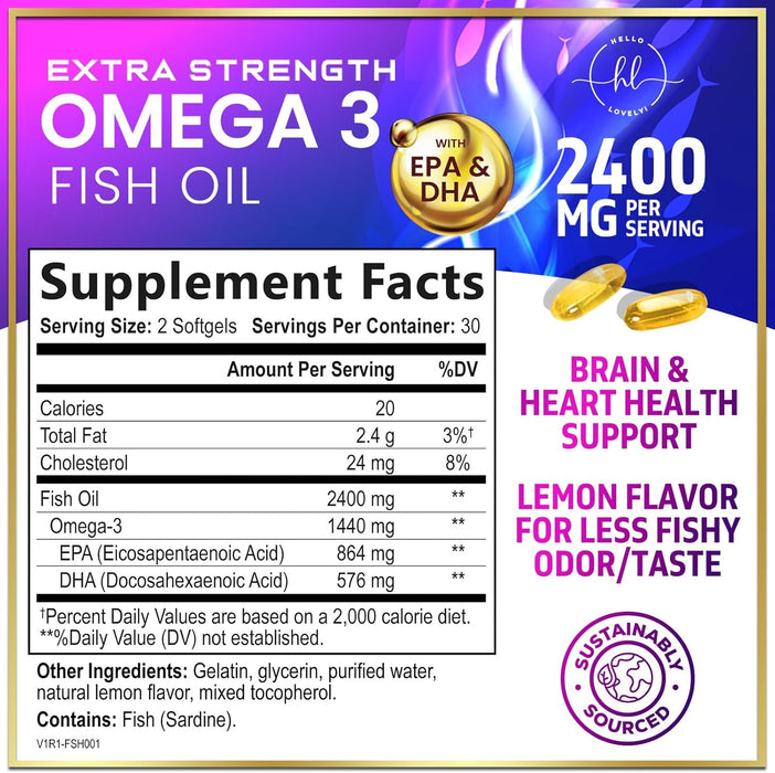 Omega 3 Fish Oil Triple Strength 2400 mg Rapid Release Softgels, Omega-3 Supplements, Natural Brain Heart Joint Health & Immune Support - Fatty Acids with EPA & DHA - Fish Oil Supplement