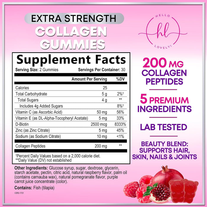Collagen Peptides Gummies for Women & Men - Collagen Protein with Biotin, Extra Strength Hydrolyzed Collagen Peptides Gummy Supplement for Hair, Skin & Nails & Joint Support, Non-GMO