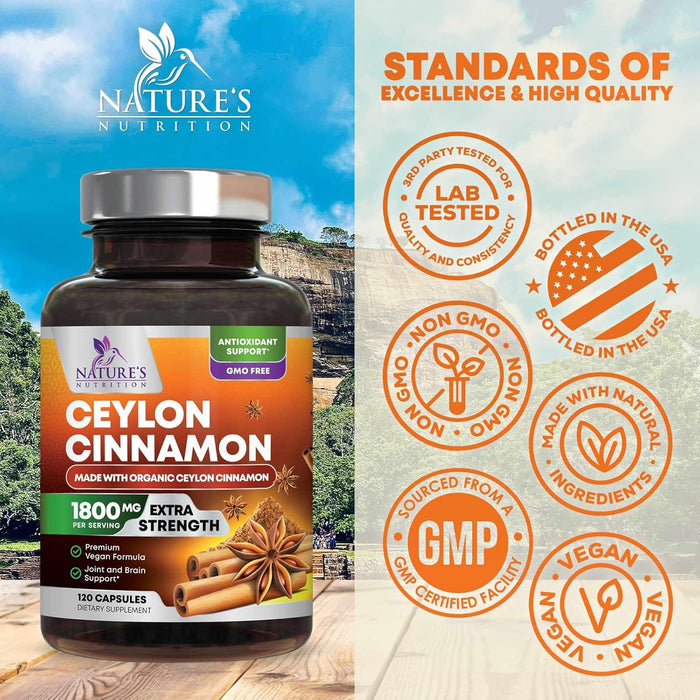 Pure Cinnamon Capsules, Certified Organic Ceylon Cinnamon Pills, Non-GMO, Gluten-Free, Dairy-Free, Sri Lanka Cinnamon Powder Supplement, Best Vegan True Cinnamomum Vitamins, Sugar Free
