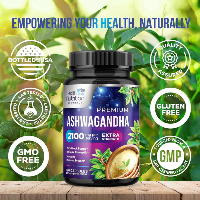 Ashwagandha 2,100 mg Extra Strength with Black Pepper, Pure Ashwagandha Powder plus Root Extract Adaptogen Formula for Energy and Immune Support, Non GMO, Vegan