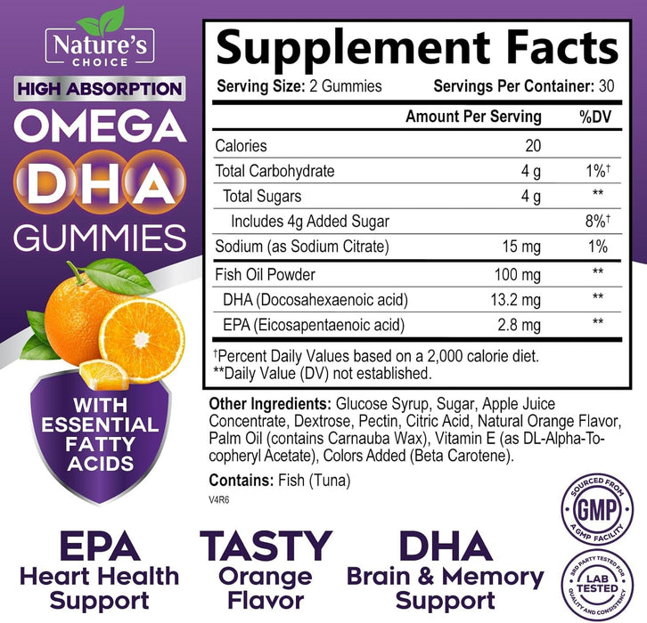 Omega 3 Fish Oil Gummies - Triple Strength Omega 3 Fish Oil Gummy Vitamins with High Absorption EPA & DHA Fatty Acids, Burpless Fish Oil Supplement, Nature's Heart Health, Orange Flavor