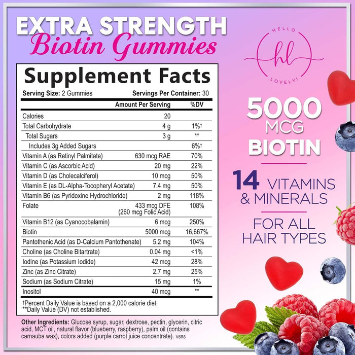 Hello Lovely! Hair Growth Vitamins Gummy with Biotin 5000 mcg Vitamin E & C, Hair Gummies for Keratin & Hair Growth Support, Hair, Skin & Nails Biotin Vitamin Supplement, Non-GMO