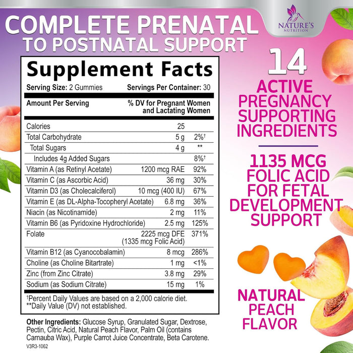 Nature's Nutrition Prenatal Multivitamin Gummy with Folic Acid, Prenatal Vitamins w/Folate, Choline, Vitamin A, C, D3, B12 & B6, Before, During & After Pregnancy Vitamins for Women