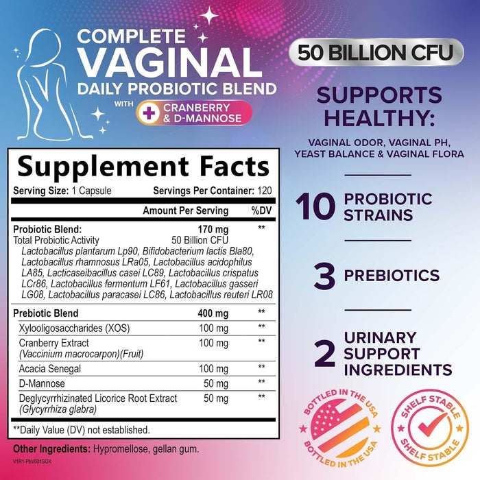 Vaginal Probiotics for Women pH Balance with Prebiotics, 50 Billion CFU, 10 Probiotic Strains, Cranberry, D-Mannose & XOS - Healthy Vaginal Odor & Flora, UT & Feminine Digestive Health