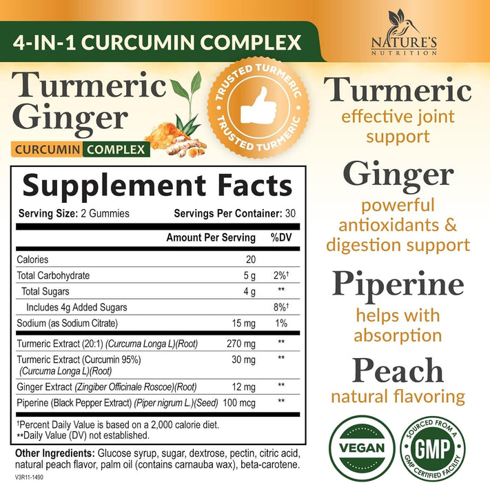 Turmeric Curcumin & Ginger Gummies 95% Curcuminoids with Black Pepper Extract for Max Absorption Joint Support, Nature's Tumeric Herbal Extract Supplement, Vegan Gummy Capsules, Non-GMO