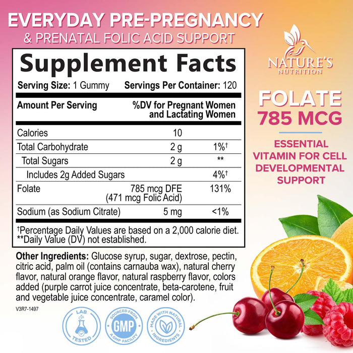 Folic Acid Gummies for Women 785 mcg, Essential Prenatal Vitamins for Mom & Baby, Vegan Folic Supplement Gummy, Daily Vitamin B9 Extra Strength Folate, Before During After Pregnancy - 120 Gummies