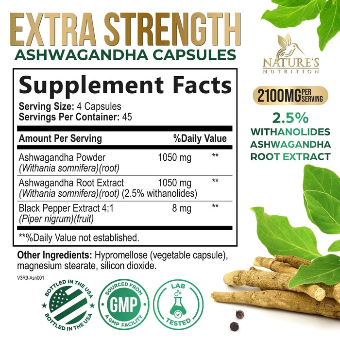 Ashwagandha Capsules for Women & Men - 2100mg Ashwagandha Supplement, Natural Antioxidant Support, Ashwa Root Extract, Extra Strength Calm Support with Black Pepper, Vegan & Gluten Free - 180 Capsules