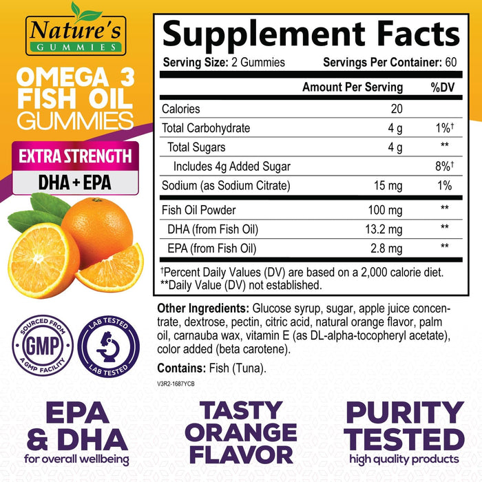 Omega 3 Fish Oil Gummies, Heart Healthy Omega 3 Gummy Supplement with High Absorption DHA & EPA, Extra Strength Joint & Brain Support, Delicious Orange Flavor Fish Oil Nature's Vitamin - 120 Gummies