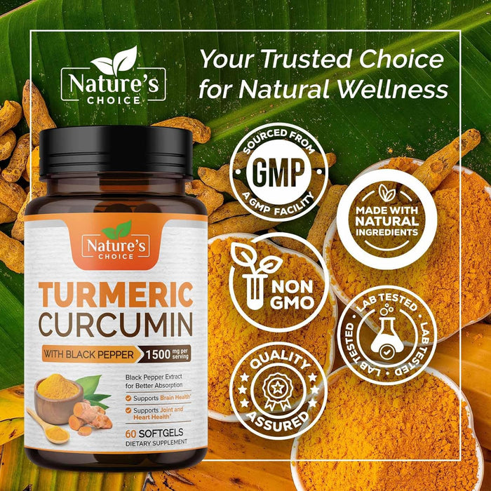 Turmeric Curcumin with Black Pepper Extract 1500mg, Advanced Absorption Tumeric Extract Liquid Softgels Herbal Supplement, Curcuminoids Antioxidant Joint Support for Women & Men, Non-GMO - 60 Softgels