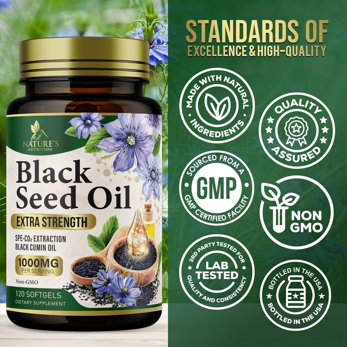 Black Seed Oil Softgels 1000mg - Premium Nigella Sativa Blackseed, Pure Natural Black Cumin Seed Oil & Antioxidant for Skin & Immune Support - Non GMO, Bottled in USA Supplement - 120 Softgels