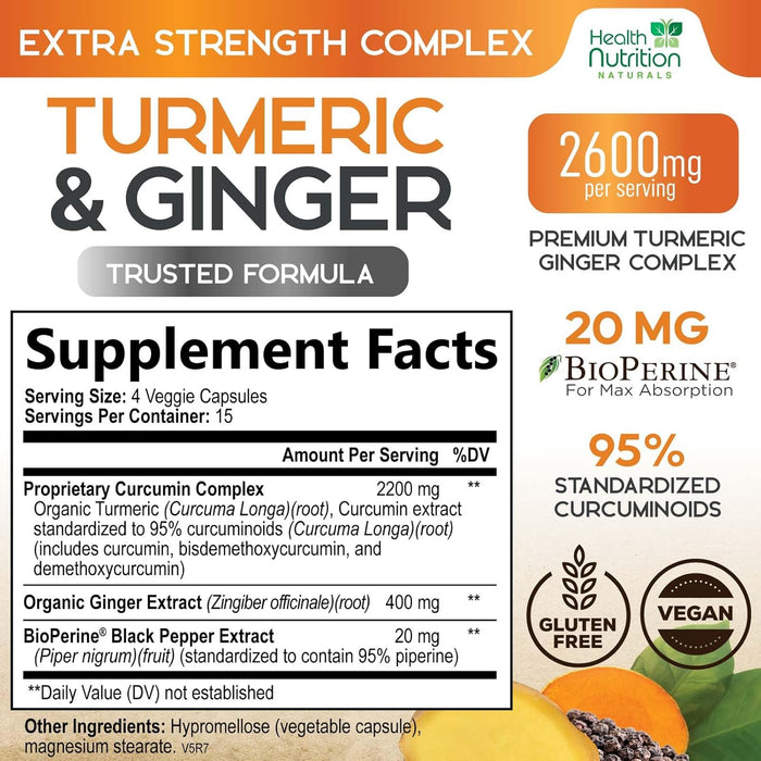 Health Nutrition Turmeric Curcumin 2600mg with Ginger & Black Pepper - 95% Standardized Curcuminoids, BioPerine for Max Absorption, Herbal Supplement for Joint Support, Tumeric Extract