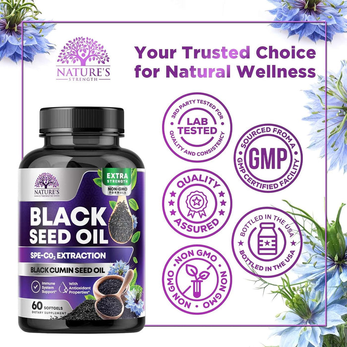 Black Seed Oil - 100% Cold Pressed Blackseed Oil, Vegan 1000mg - Extra Strength Nigella Sativa for Joint, Hair, Skin & Immune Support, Pure Black Cumin Seed Oil Antioxidant, Non-GMO - 60 Capsules