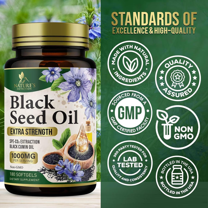 Premium Black Seed Oil Capsules Vegan Cold-Pressed 1000mg - Extra Strength Nigella Sativa Black Seed Oil, Nature's Pure Black Cumin Seed Oil for Immune, Hair and Brain Support, Non-GMO