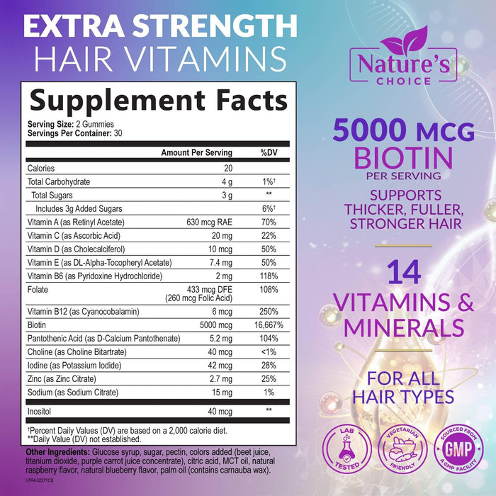 Hair Vitamins Gummies with Biotin 5000 mcg Vitamin E & C Support Hair Growth Gummy – 60 Gummy