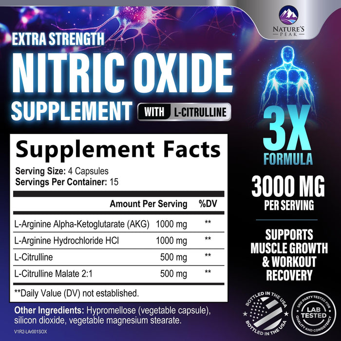 Nitric Oxide Formula with L-Arginine + Citrulline – 3000mg – 60 Capsules