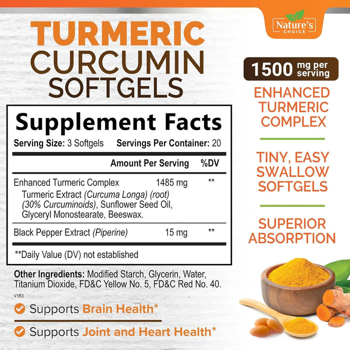 Turmeric Curcumin with Black Pepper Extract 1500mg, Advanced Absorption Tumeric Extract Liquid Softgels Herbal Supplement, Curcuminoids Antioxidant Joint Support for Women & Men, Non-GMO - 60 Softgels