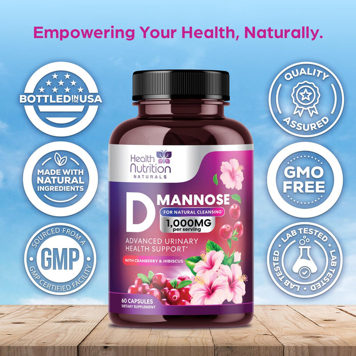 D-Mannose Supplement 1,350mg with Cranberry, Hibiscus & Dandelion - Fast-Acting, Natural Bladder & Urinary Tract Support for Women & Men â€“ Flush & Cleanse Impurities â€“ Non-GMO, Vegan â€“ 60 Capsules