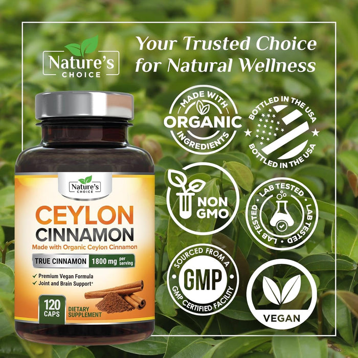 Ceylon Cinnamon Capsules - Certified Organic Cinnamon Pills, Non-GMO, Dairy & Gluten Free, Sri Lanka Cinnamon Powder Supplement, Vegan True Cinnamomum Vitamins, Sugar Free, Cinnamon Capsules