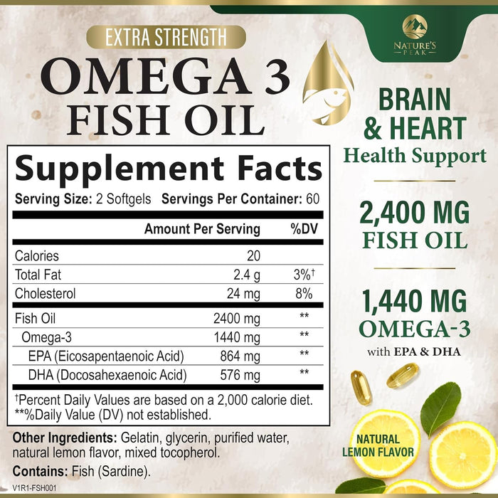 Nature's Peak Fish Oil 2400 mg - Triple Strength Fish Oil Supplement, Omega 3 Fish Oil w/EPA & DHA Fatty Acids for Healthy Heart Support, Burpless Omega 3 Supplements