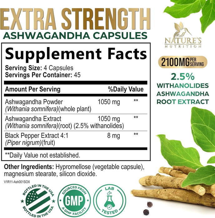Ashwagandha Capsules for Women & Men - 2100mg Ashwagandha Supplement, Natural Antioxidant Support, Ashwa Root Extract, Extra Strength Calm Support with Black Pepper, Vegan & Gluten Free - 180 Capsules