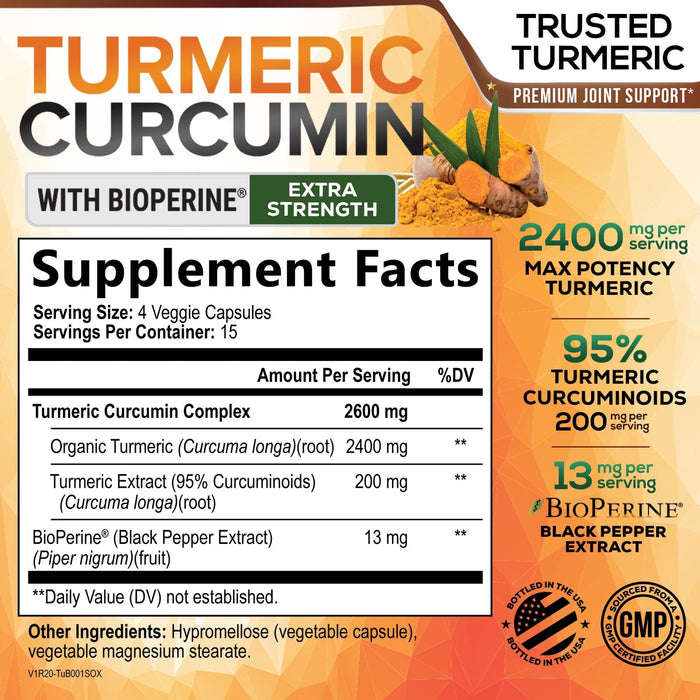 Turmeric Curcumin with BioPerine 95% Curcuminoids 2600mg with Black Pepper for Absorption – 60 Capsules