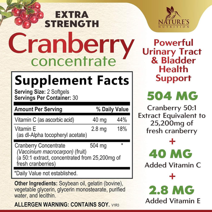 Cranberry Pills Supplement for Women & Men + Vitamin C & E - 25,200mg Formula for Urinary Tract Health Support, Non-GMO and Gluten Free, Nature's Cranberry Supplements