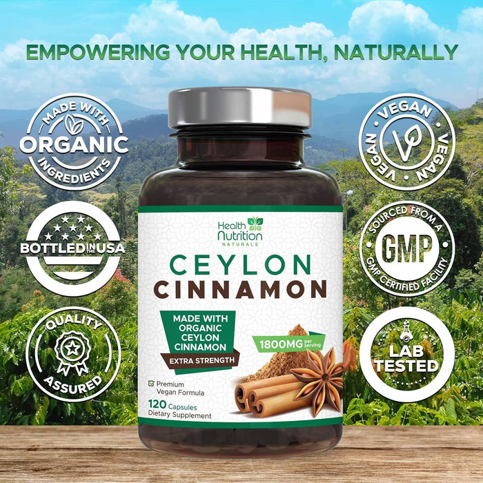 Pure Ceylon Cinnamon Capsules - Certified Organic Cinnamon Pills, Non-GMO, Dairy & Gluten Free, Sri Lanka Cinnamon Supplements, Vegan True Cinnamomum Vitamins, Sugar Free, Cinnamon Capsules