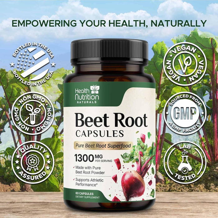 Beet Root Capsules 1300mg - Organic Extra Strength Red Beetroot Powder Supplement – Supports Nitric Oxide Production, Heart Health & Athletic Performance, Pure Beetroot Superfood – 60 Vegan Capsules