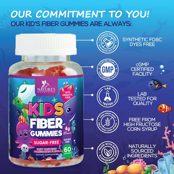 Kids Fiber Gummies â€“ Sugar Free Prebiotic Fiber Supplement for Digestive Health, Regularity & Immune Support â€“ 4g Plant-Based Fiber â€“ Natural Raspberry Flavor â€“ Vegan, Gluten-Free â€“ 60 Gummies