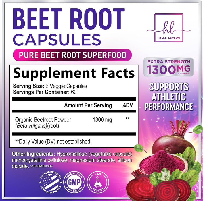 Organic Beet Root Capsules 1300mg - Extra Strength Beetroot Powder Supplement - Supports Blood Pressure, Athletic Performance & Immune System, Non-GMO, Gluten Free - Bottled in the USA - 120 Capsules