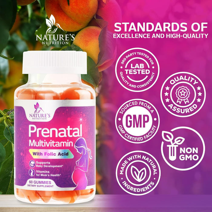 Nature's Nutrition Prenatal Multivitamin Gummy with Folic Acid, Prenatal Vitamins w/Folate, Choline, Vitamin A, C, D3, B12 & B6, Before, During & After Pregnancy Vitamins for Women