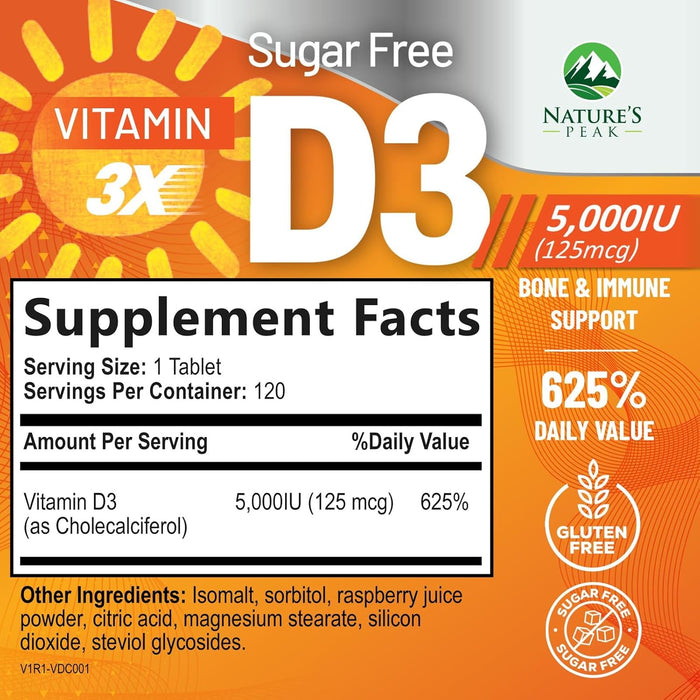 Vitamin D3 5000 IU (125 mcg) - High Potency Vitamin D Chewables for Bone, Teeth, Muscle & Immune Support, Sugar Free, Non-GMO, Gluten Free, Extra Strength Vitamin D Supplements