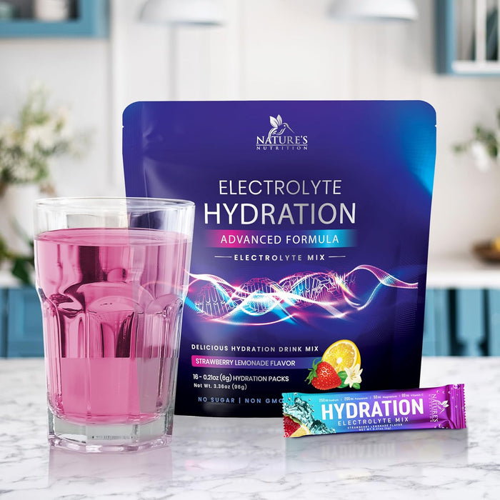 Electrolytes Powder Hydration Packets | Sugar Free Recovery Electrolyte Drink Mix Powder Replenisher in Convenient On the Go Hydration Packets | Non-GMO, Vegan, Keto, Strawberry Lemonade