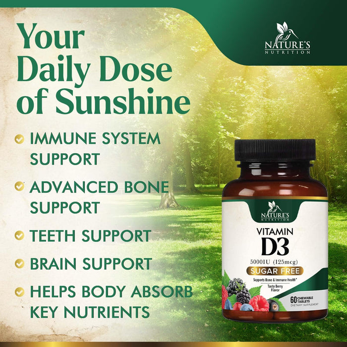 Vitamin D3 5000 IU (125 mcg) Nature's Extra Strength Vitamin D Supplement Chewable for Immune Support Health - Bone, Teeth and Muscle Supplements - Sugar Free, Non-GMO, Gluten Free - 60 Count Tablets