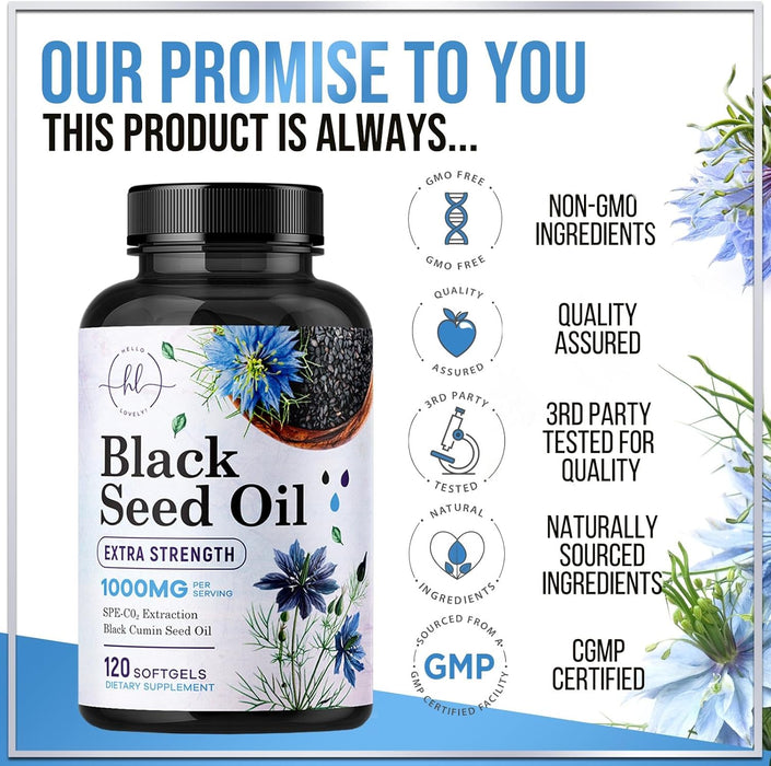 Premium Black Seed Oil Capsules - Extra Strength 1000mg - 100% Blackseed Oil for Immune Support & Skin Health (Non-GMO & Vegan) Pure Cold-Pressed Nigella Sativa Black Cumin Seed Oil