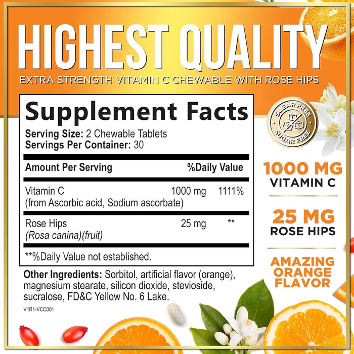 Hello Lovely! Extra Strength Vitamin C 1000 mg, with Rose HIPS Bioflavonoids, Dietary Supplement for Immune Support & Antioxidant Protection, Sugar Free, Non-GMO VIT C Capsules