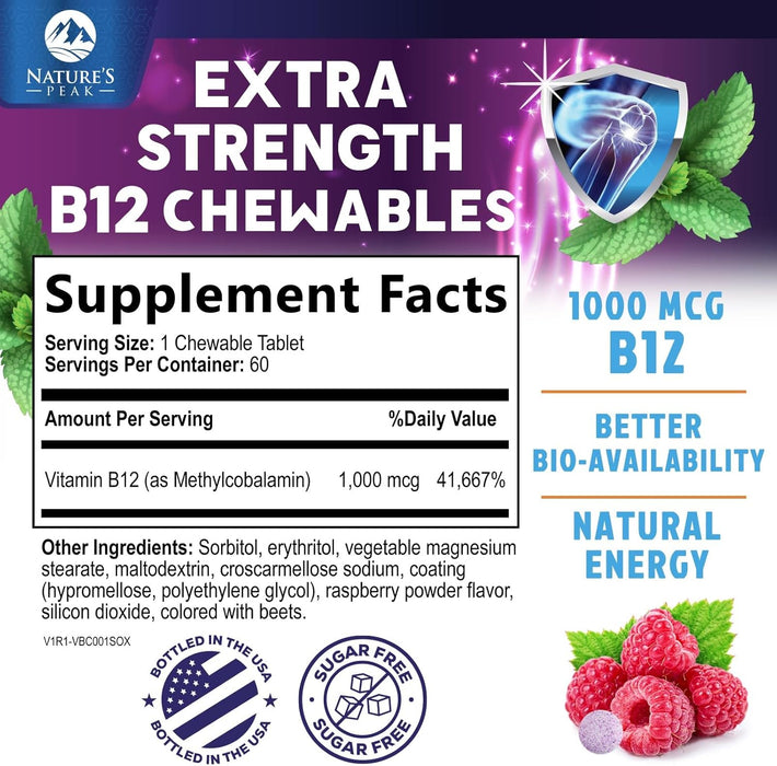 Vitamin B12 1000 mcg (Methylcobalamin) Super B 12 Complex Dietary Supplement For Energy & Immune Support, Vegan, Sugar-Free, Sublingual, Tasty Raspberry Flavor - 120 Chewable Tablets