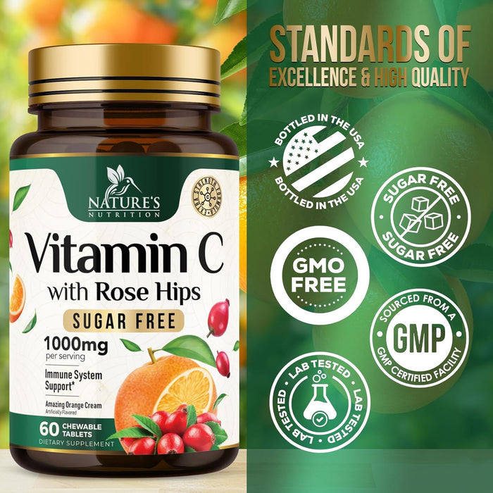 Vitamin C Chewable 1000mg - Extra Strength Antioxidants for Powerful Immune Support w/Vitamin C & Rose HIPS - Potent Dietary VIT C Chews Supplement, Natural, Vegan, Gluten-Free, Non-GMO - 60 Tablets