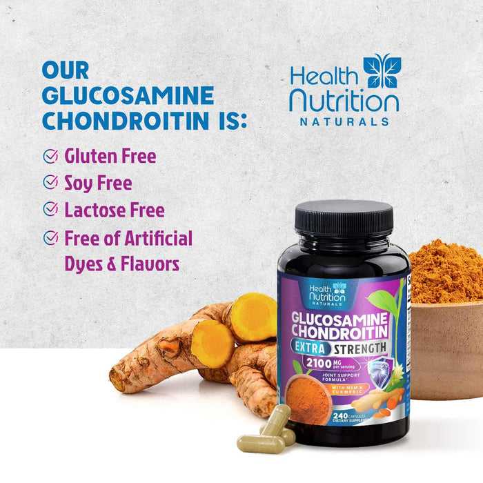 Glucosamine Chondroitin MSM 2100mg Complex - Joint Health Supplement with Turmeric & Boswellia - Quercetin for Cartilage, Flexibility & Mobility - Triple Strength Glucosamine Sulfate - 60 Capsules