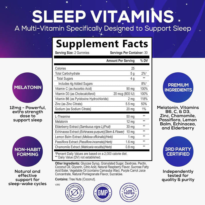 Sleep Vitamins - Fast Acting & Non-Habit Forming Sleep Gummy Supplement for Adults - Fall Asleep Naturally with 12mg Melatonin, Chamomile & Zinc, Restful Sleep & Muscle Support - 60 Gummies