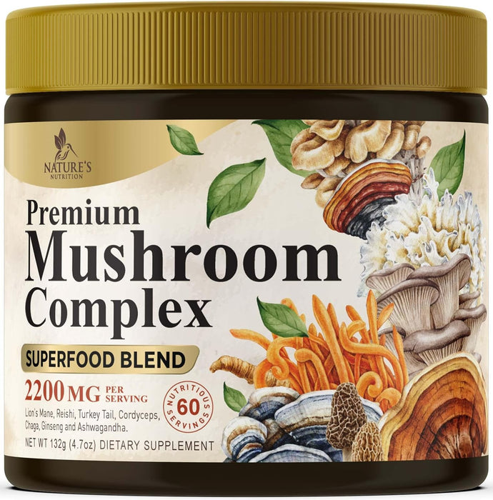 Organic Mushroom Supplement Powder - 11 in 1 Complex Nootropic & Adaptogens Blend, Mushroom Powder, Lions Mane, Cordyceps, Reishi, Chaga, Turkey Tail, Shiitake, Maitake Mushrooms & More - 60 Servings