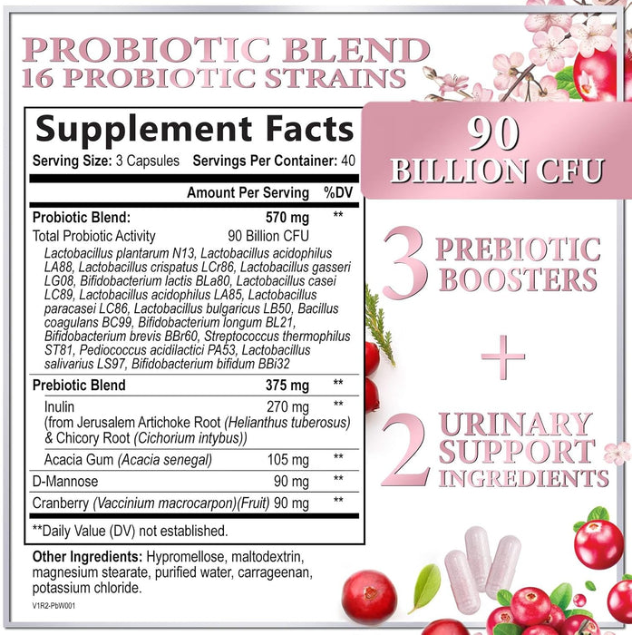 Probiotics for Women with Prebiotics - Womens Probiotic for Digestive, Vaginal, Urinary & Immune Health Support, 90 Billion CFU & 16 Diverse Strains, Cranberry & D-Mannose, Non-GMO