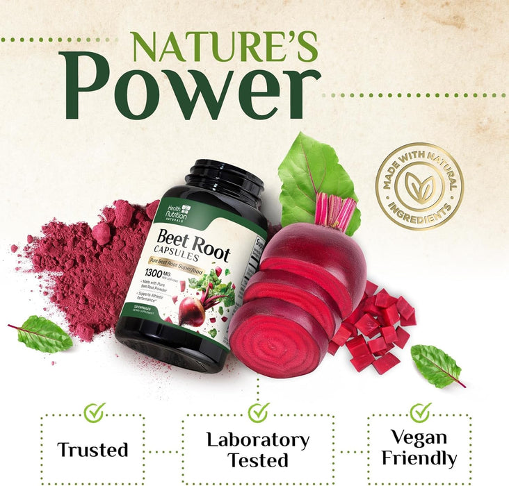 Beet Root Capsules 1300mg - Organic Extra Strength Red Beetroot Powder Supplement – Supports Nitric Oxide Production, Heart Health & Athletic Performance, Pure Beetroot Superfood – 120 Vegan Capsules