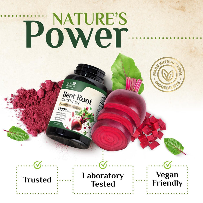 Beet Root Capsules 1300mg - Organic Red Beetroot Powder - 120 Vegan Capsules