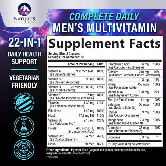 Men's Daily Multivitamin - Vitamins A, C, D, E, B12 + Zinc - 60 Capsules
