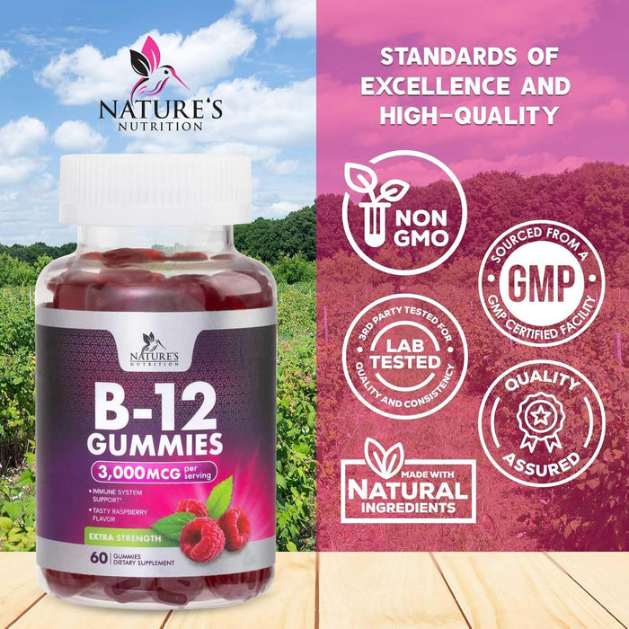 Vitamin B12 Gummies 3000 mcg, Extra Strength B 12 Gummy for Adults and Kids, B-12 Energy & Immune System Support Vitamins, Dietary Supplement, Raspberry Flavored