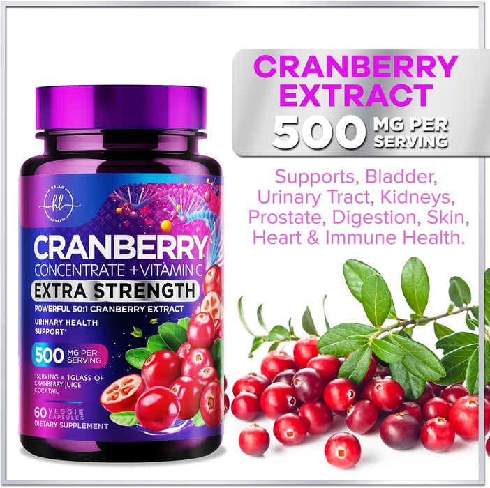 Cranberry Supplement 25,000mg Formula + Vitamin C – Urinary Tract Health Support for Women & Men, 50:1 Whole Fruit Cranberry Extract Pills for Women, Sugar-Free, Non-GMO, Gluten-Free - 60 Capsules