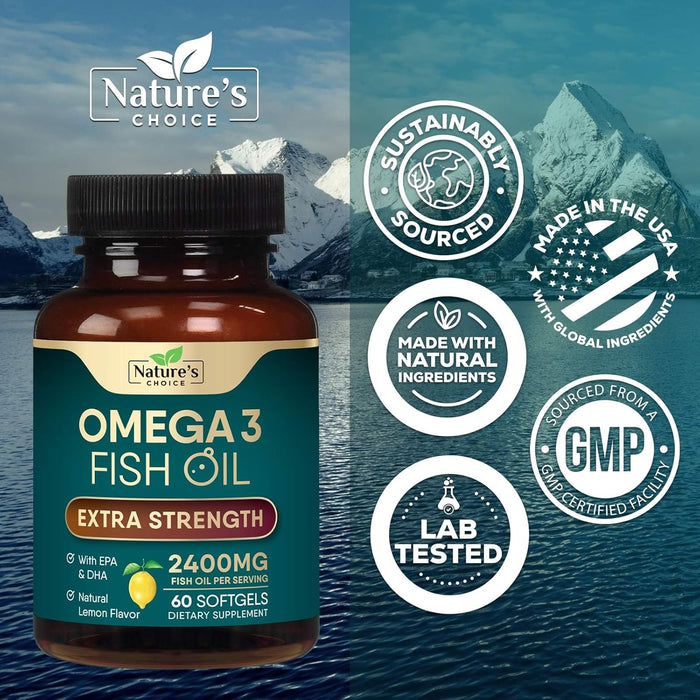 Triple Strength Omega 3 Fish Oil 2400 mg Softgels, Nature's Fish Oil Supplements, Brain & Heart Health Support - EPA & DHA, 1200 MG Fish Oil in Each Softgel, Omega-3 Supplement Softgels