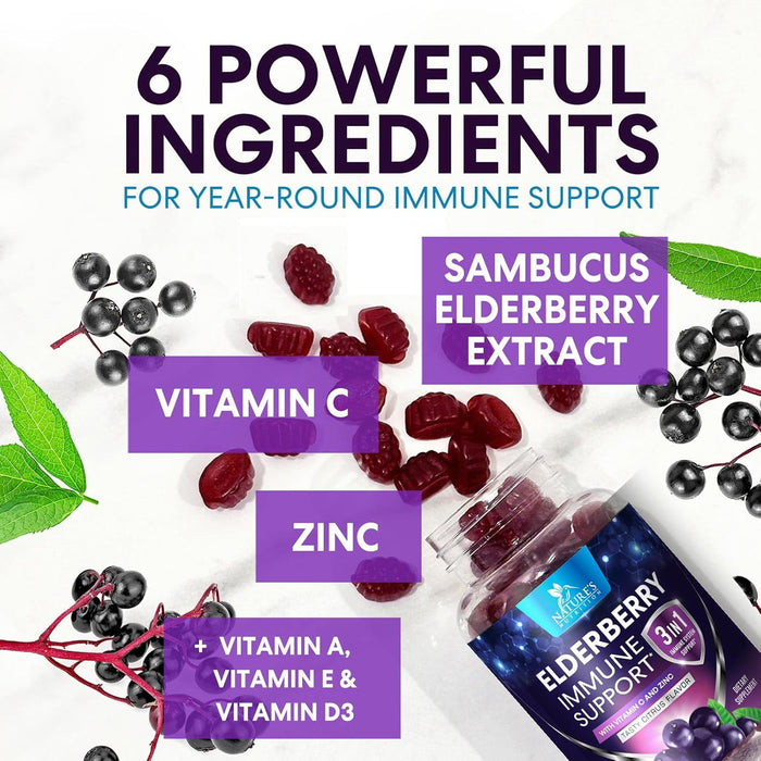 Nature's Sambucus Elderberry Gummies Immune Gummies with Vitamin C and Zinc, Immune Support Gummy Vitamin Supplement, Black Elderberry for Adults & Kids - Gluten Free Non-GMO